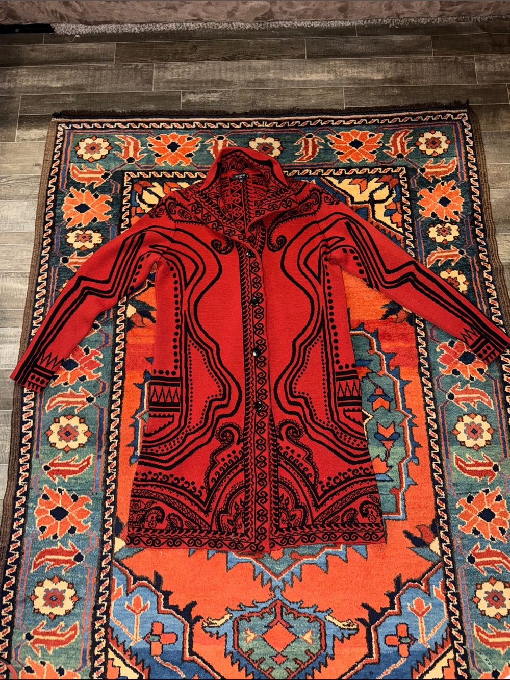 ETRO Italy Red Black Jacquard Knit Long Sweater Coat Size IT 42 / US 6